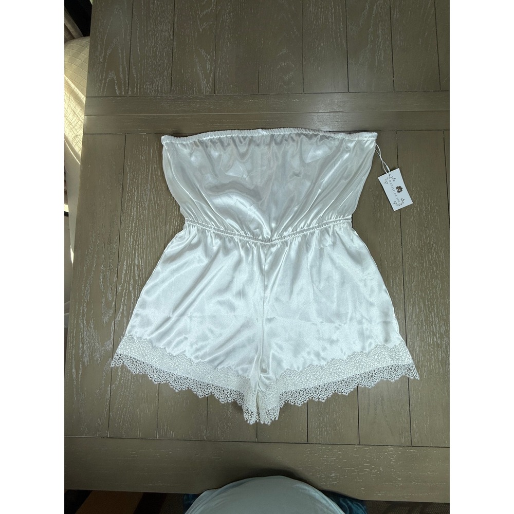 Madeline Fig White Satin Lace Trim Strapless Romper L XL
